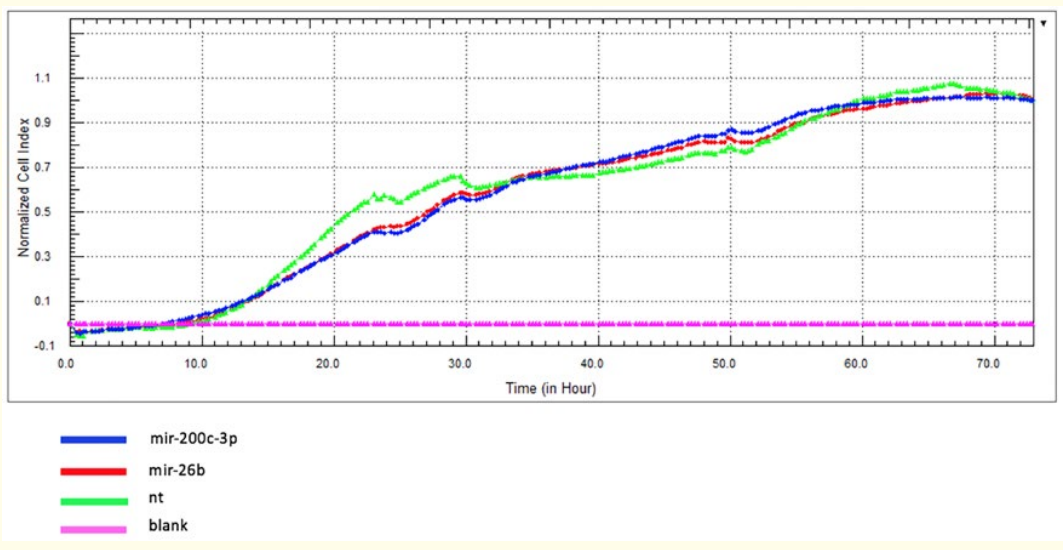 Figure 3: Functional Analysis of Selected miRNAs (miR-26b, miR-200c-3p, miR-203, miR-363-3p, and miR-1825) in Human
Laryngeal Squamous Cell Carcinoma. Poliferation graphic shows the mir-26b, and mir200c -3p on Hep2 Cells.