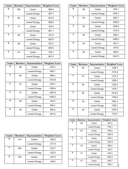 Table 8 (a-f): ClusPro based cluster size and weighted scores of R47H-TREM2-Aβ ligands interaction. <br>
(a) R47H TREM2-Aβ 40, (b) R47H TREM2-Aβ 42, (c) R47H TREM2-Aβ 42 A, (d) R47H TREM2-Aβ 42 B
(e) R47H TREM2-Aβ 6, (f) R47H TREM2-Aβ oligomer.
