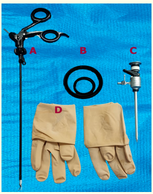  Figure 1: Materials and instruments used for construction of
Home-Made Glove Single Port.
(A) Laparoscopic conventional instrument. (B) Elastic soft and
rigid ring. (C) Re-usable 5-mm. port. (D) surgical glove.