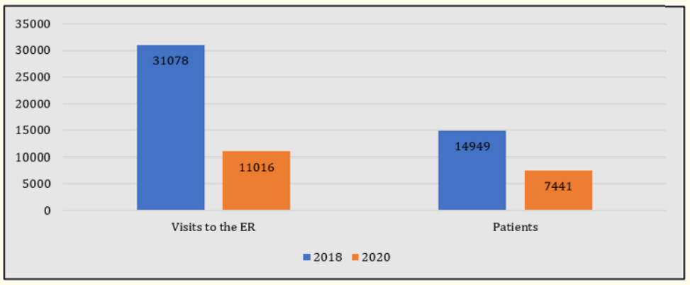 Figure 5: Number of visits to the ER and number of patients in 2018 and the first year of the pandemic.