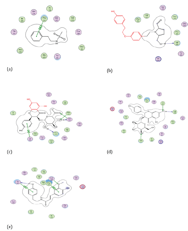 Figure 3: Docking visualization of native ligand (a), Cissampeline (b), Kaempferol-3-O-β-D-Glucopyranoside (c), Kaempferol-3-O-β-DGlucuronopyranoside
(d), and Trans-N-Feruloyltyramine (e) with 5R7Y.
