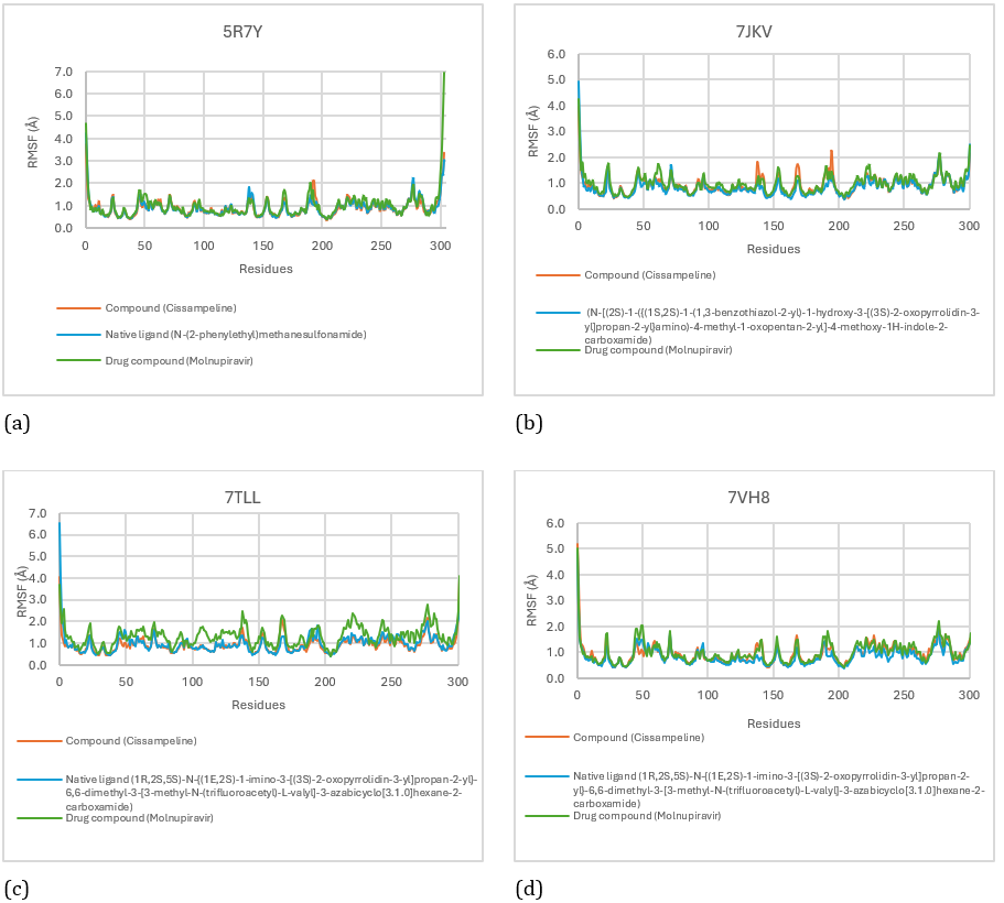 Figure 8: RMSF score for Cissampeline, Native Ligand, and Molnupiravir on receptors 5R7Y (a), 7JKV (b), 7TLL (c), and 7VH8 (d).