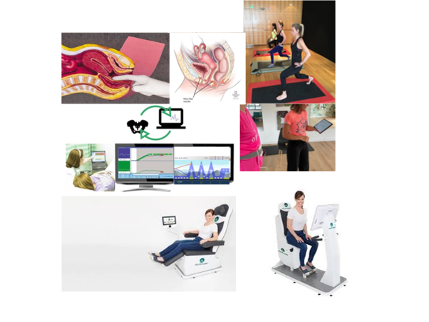 Figure 4: From top left to bottom right.
(a)- Manual therapy involves the PT using hands-on pressure and massage, either externally or internally, on the muscles of the pelvis. It is useful for improving blood flow to the affected muscles, as well as helping those muscles to stretch and relax. There are three techniques that can be applied to the pelvic floor, i.e. flat, deep and pincer palpation. 
(b)- The PFM form the base of the group of muscles commonly called the 'core'. These muscles work with the deep abdominal (tummy), back muscles and the diaphragm (breathing muscle). While these exercises are pelvic floor, it is important to consider the number of repetitions, intensity, number of sets, length of rest and activation of the PFM.
(c)- Biofeedback technique involves placing small devices or surface electrodes in addition of abdominal internal or external control. These devices provide visual and auditory stimuli, providing the patient with feedback as to how well contracting their PFM. 
(d)- Extracorporeal magnetic stimulation is a non-invasive (neither vaginal nor anal probe). The impulse elicit activity in the pelvic floor muscles, which consequently contract and relax in response to each impulse. The technology aids in the rebuilding of strength and endurance. 
(e)- A magnetic biofeedback trainer scans and records the activities of the pelvic muscles through a special sensor integrated in the seat. Muscles activities are measured by the sensor and visualized on the screen.