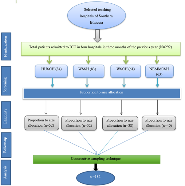 Figure 1: Strobe flow chart of sampling procedure among selected teaching hospitals in southern Ethiopia, January 15–April 15 (N = 182).